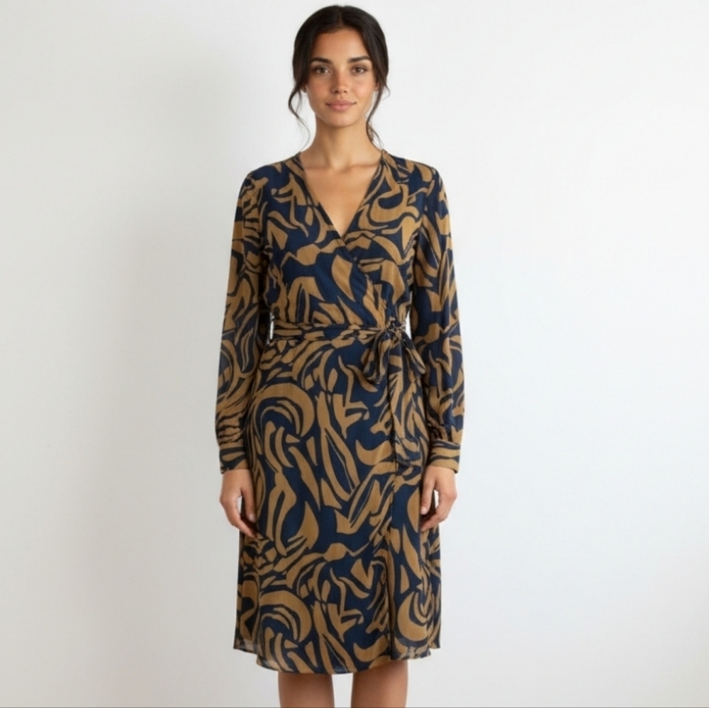Dress Forum Abstract Patterned Long Sleeve Dress in Blue and Tan - Picture 2 of 10